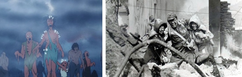 Fig. 6: Films like Barefoot Gen (left) and Black Rain depict the horrors of war in graphic fashion.